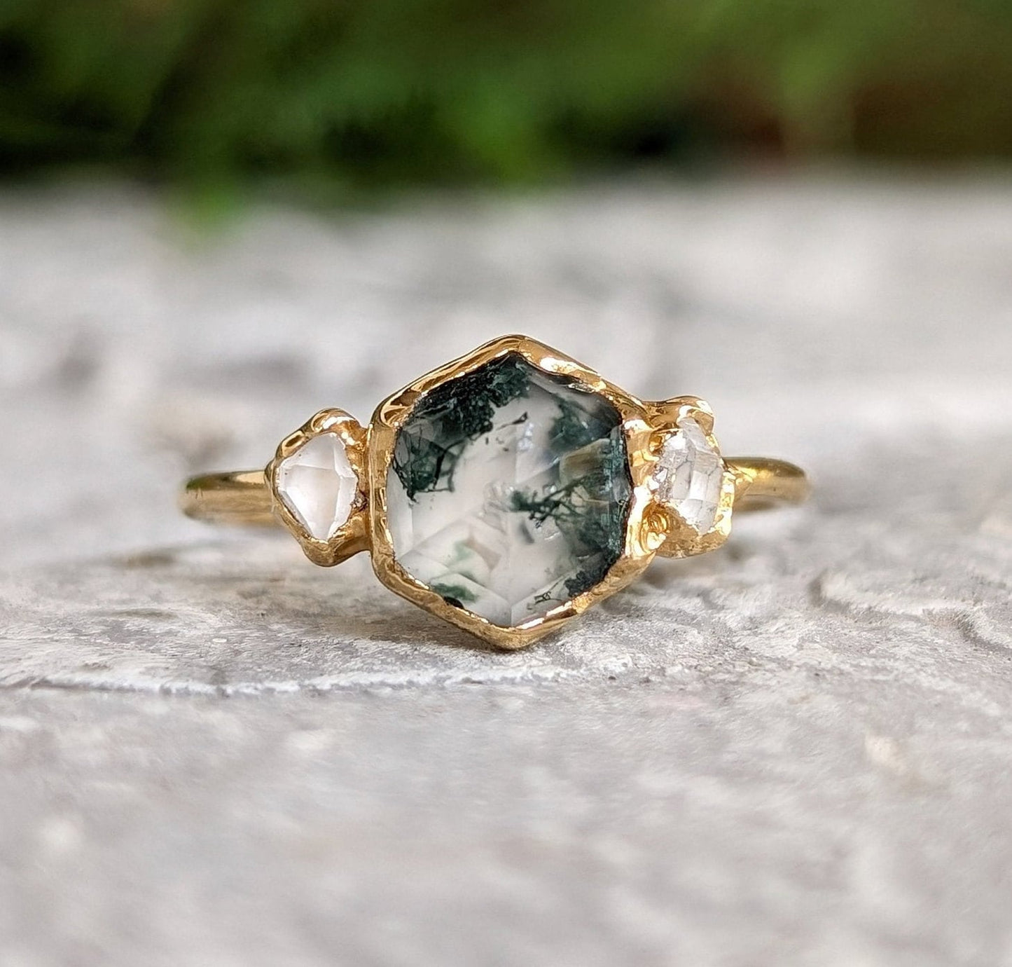 Moss Agate and Herkimer diamond hexagon engagement ring in 14k gold, showcasing organic beauty and unique design.