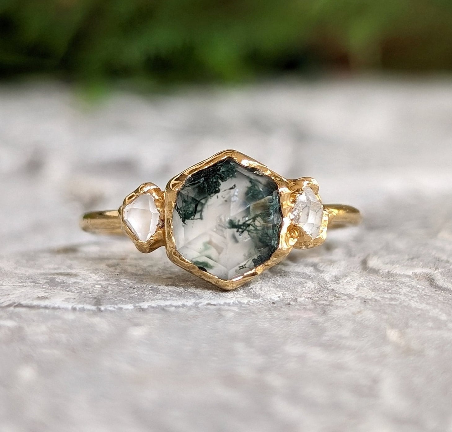 Moss Agate and Herkimer diamond hexagon engagement ring in 14k gold, showcasing organic beauty and unique design.