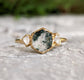 Moss Agate and Herkimer diamond hexagon engagement ring in 14k gold, showcasing organic beauty and unique design.