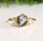 Moss Agate hexagon engagement ring with Herkimer diamonds set in 14k gold, showcasing natural beauty and rustic charm.
