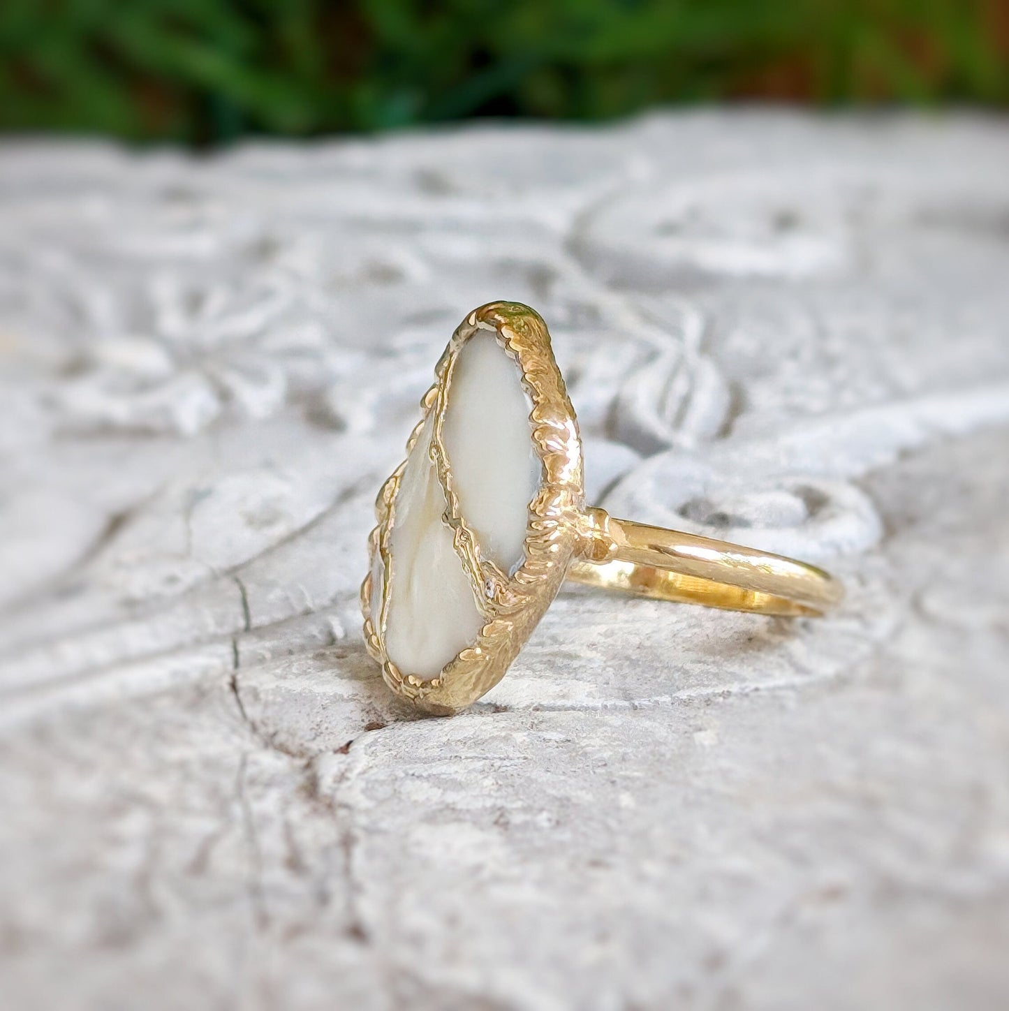 Handcrafted Mother of Pearl Kintsugi ring on a 14k gold-filled band, perfect as a unique gift for special occasions.