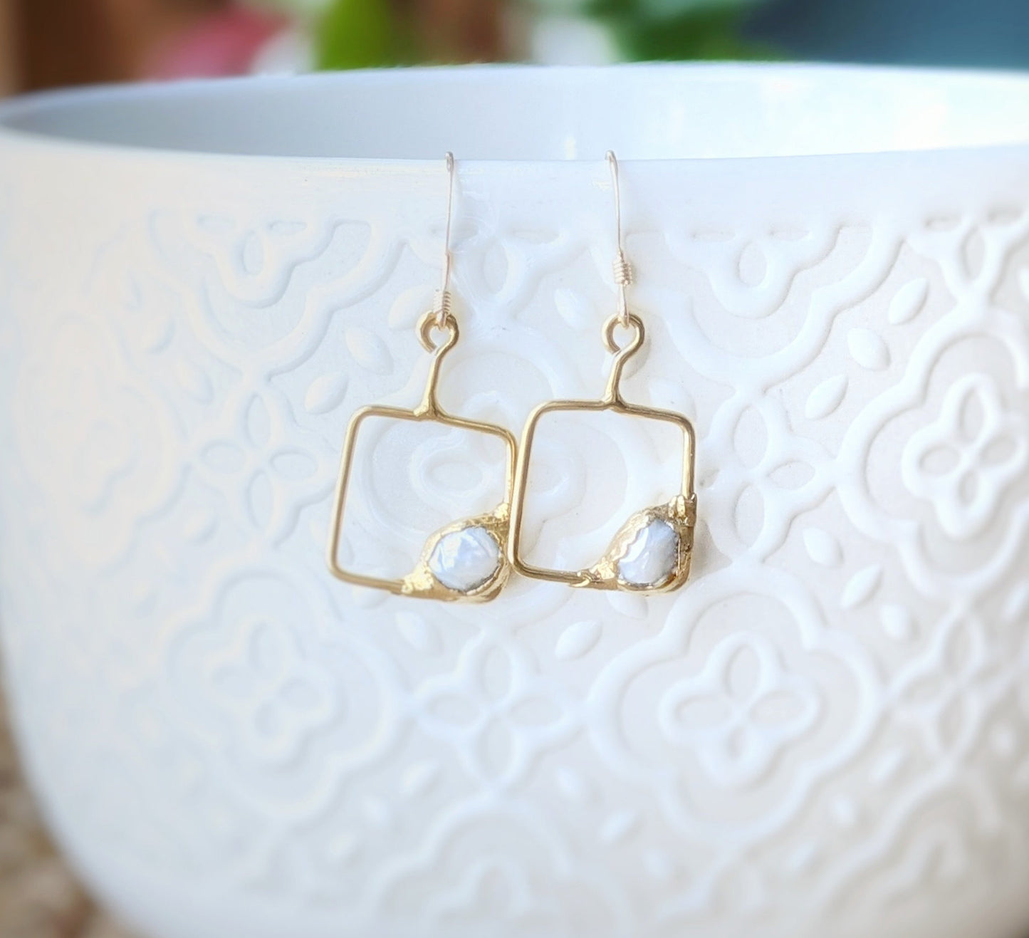Classic Keshi pearl square dangle earrings in gold-filled settings, perfect for elegant style.