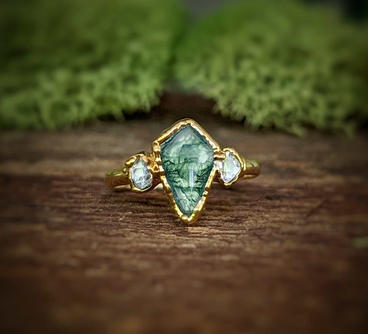 Kite shape Moss Agate and Herkimer diamond ring handcrafted in gold, perfect for unique engagement or Valentine's gift.