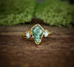 Kite shape Moss Agate and Herkimer diamond ring handcrafted in gold, perfect for unique engagement or Valentine's gift.