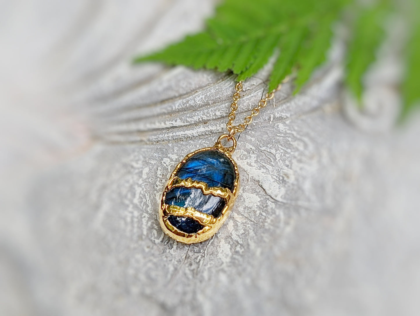 Labradorite Kintsugi necklace with gold plating on a 21" chain, showcasing unique handcrafted design.