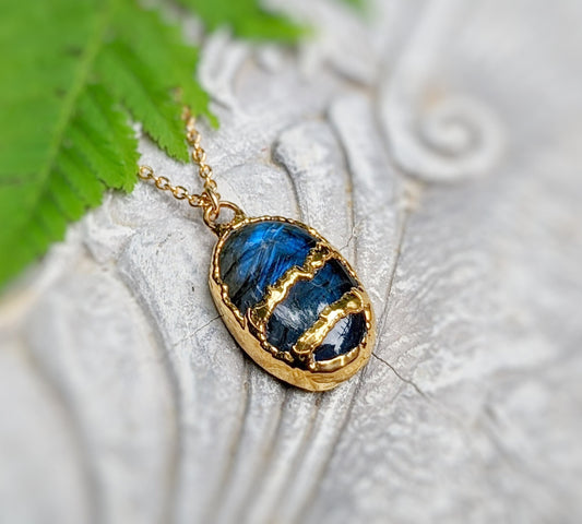 Labradorite Kintsugi necklace with gold electroformed setting on a 21" chain, showcasing a unique handcrafted design.