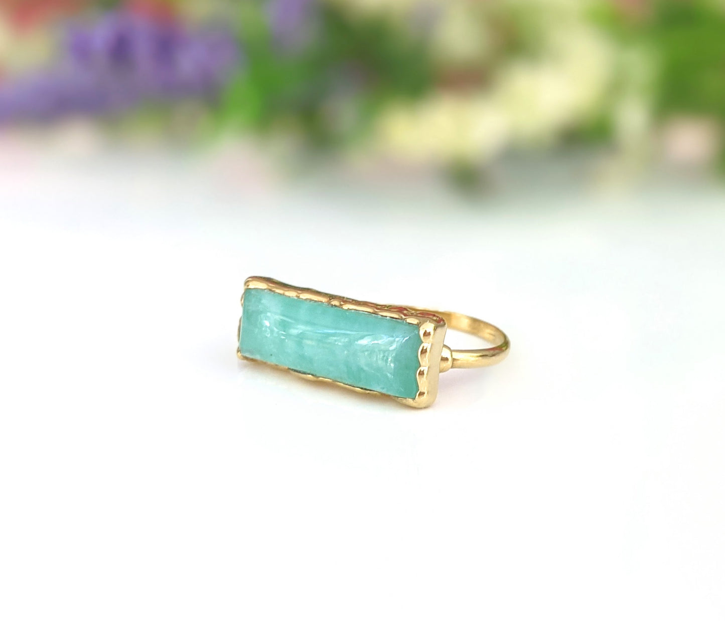 Amazonite gold bar ring set on a delicate 14k gold filled band, featuring a stunning natural turquoise stone.