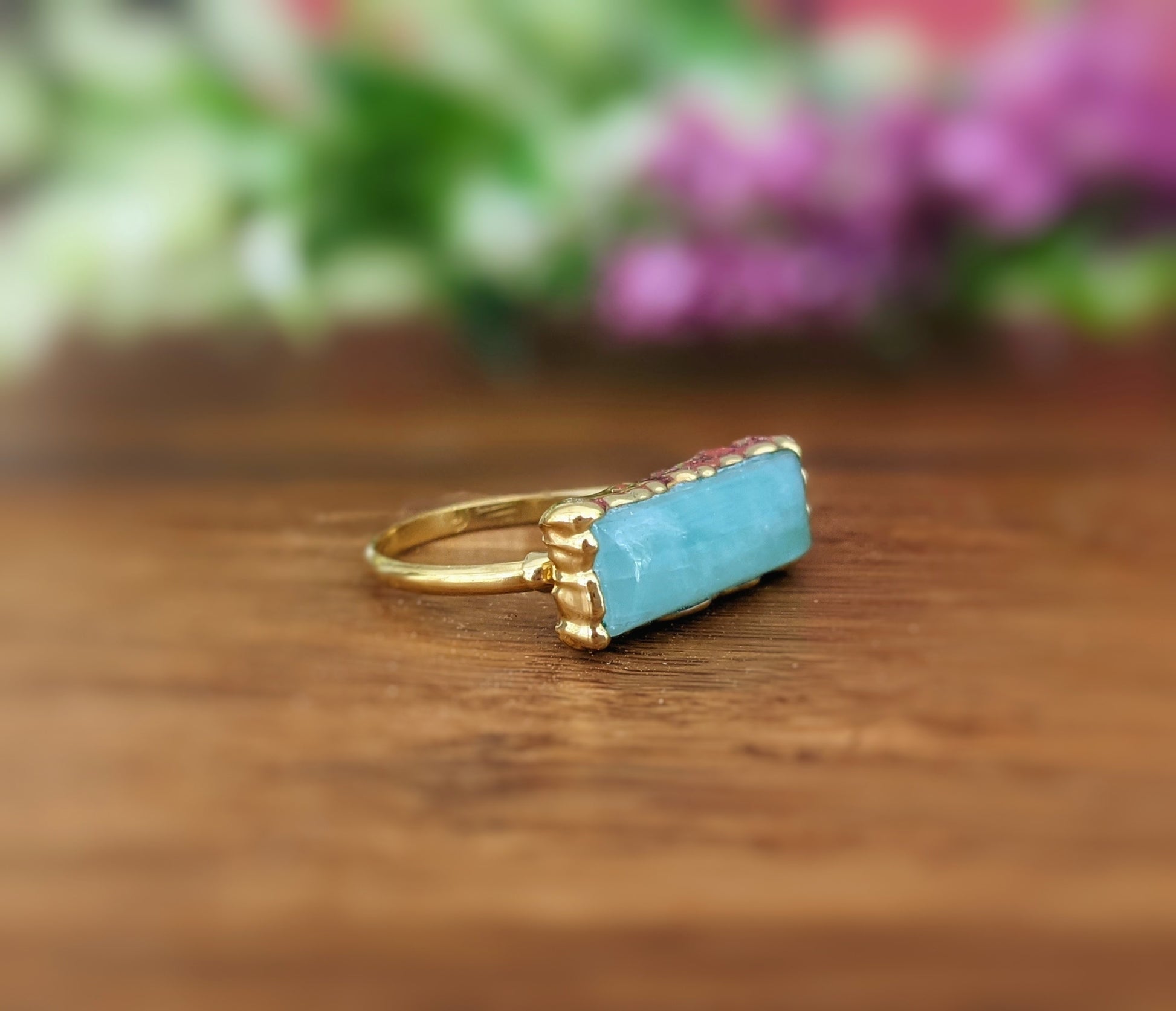 Amazonite gold bar ring with natural stone set in 14k gold filled band, featuring electroformed 18k gold bezel.