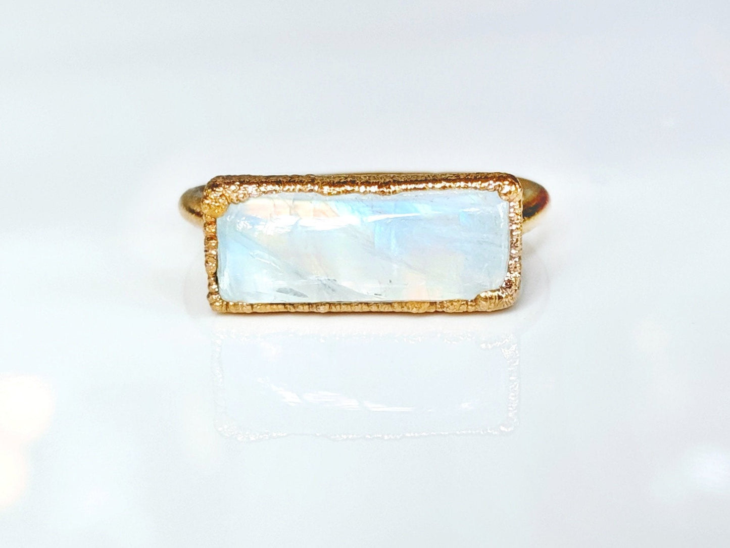 Natural rainbow Moonstone ring with 14k gold filled band, ideal for new beginnings and June birthdays.