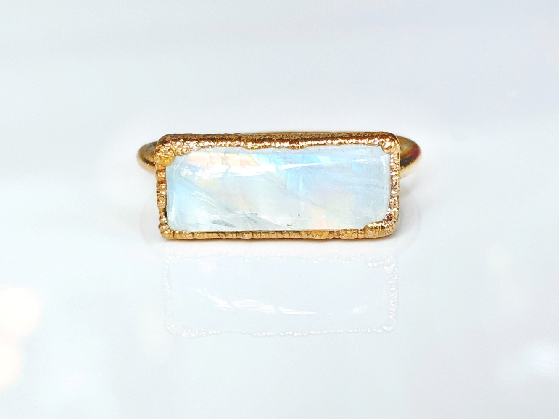 Natural rainbow Moonstone ring with 14k gold filled band, ideal for new beginnings and June birthdays.