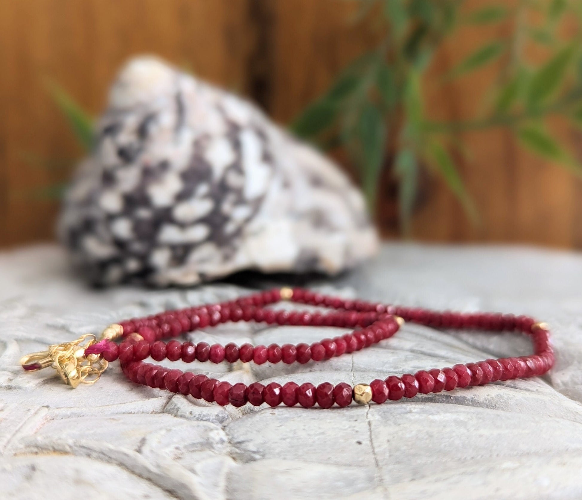 Handmade ruby beaded necklace featuring deep pink natural Ruby beads, perfect for bridal outfits or as a Mother's Day gift.