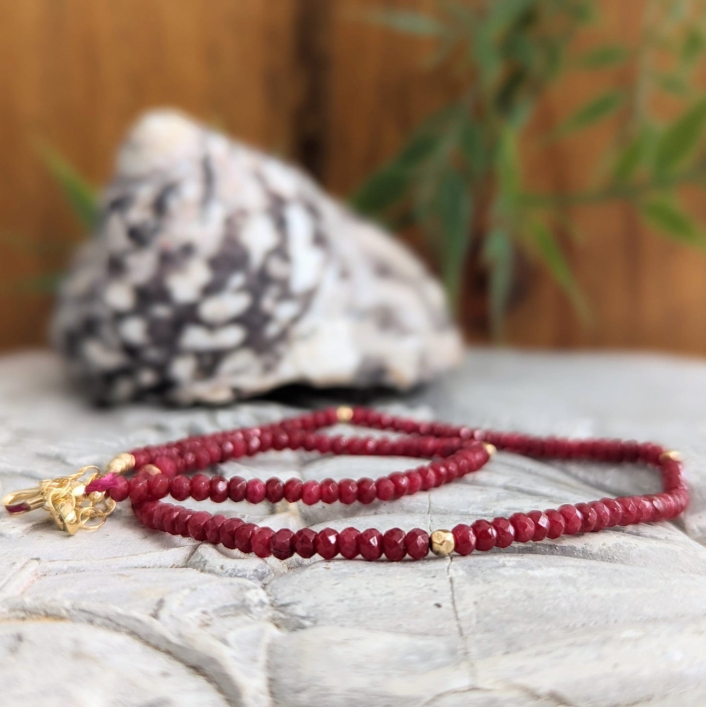 Handmade Ruby beaded necklace featuring deep pink natural beads, ideal for brides or as a Mother's Day gift.