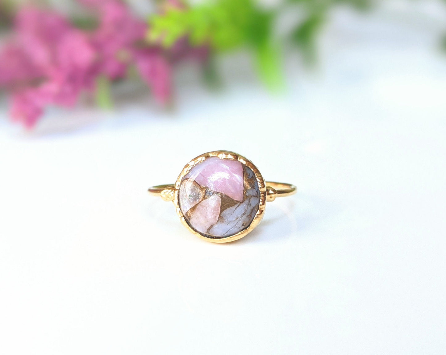 Handcrafted pink opal copper ring on 14k gold filled band, featuring unique natural gemstones.