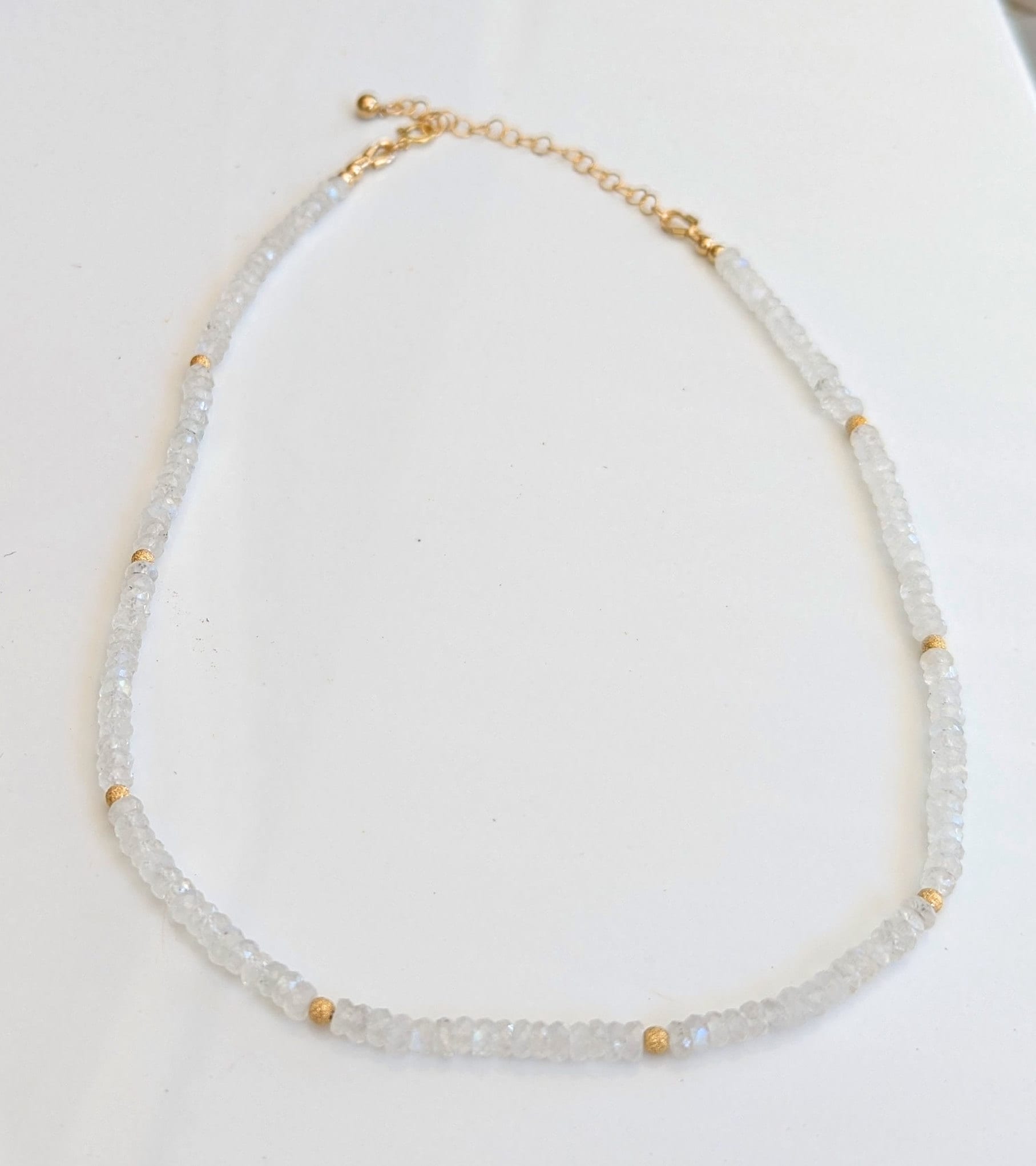 Rainbow Moonstone faceted beaded necklace with gold accents, ideal gift for Mother's Day or bridal occasions.