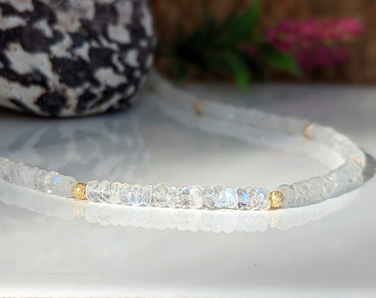 Rainbow Moonstone faceted beaded necklace showcasing shimmering beads for love and emotional healing.