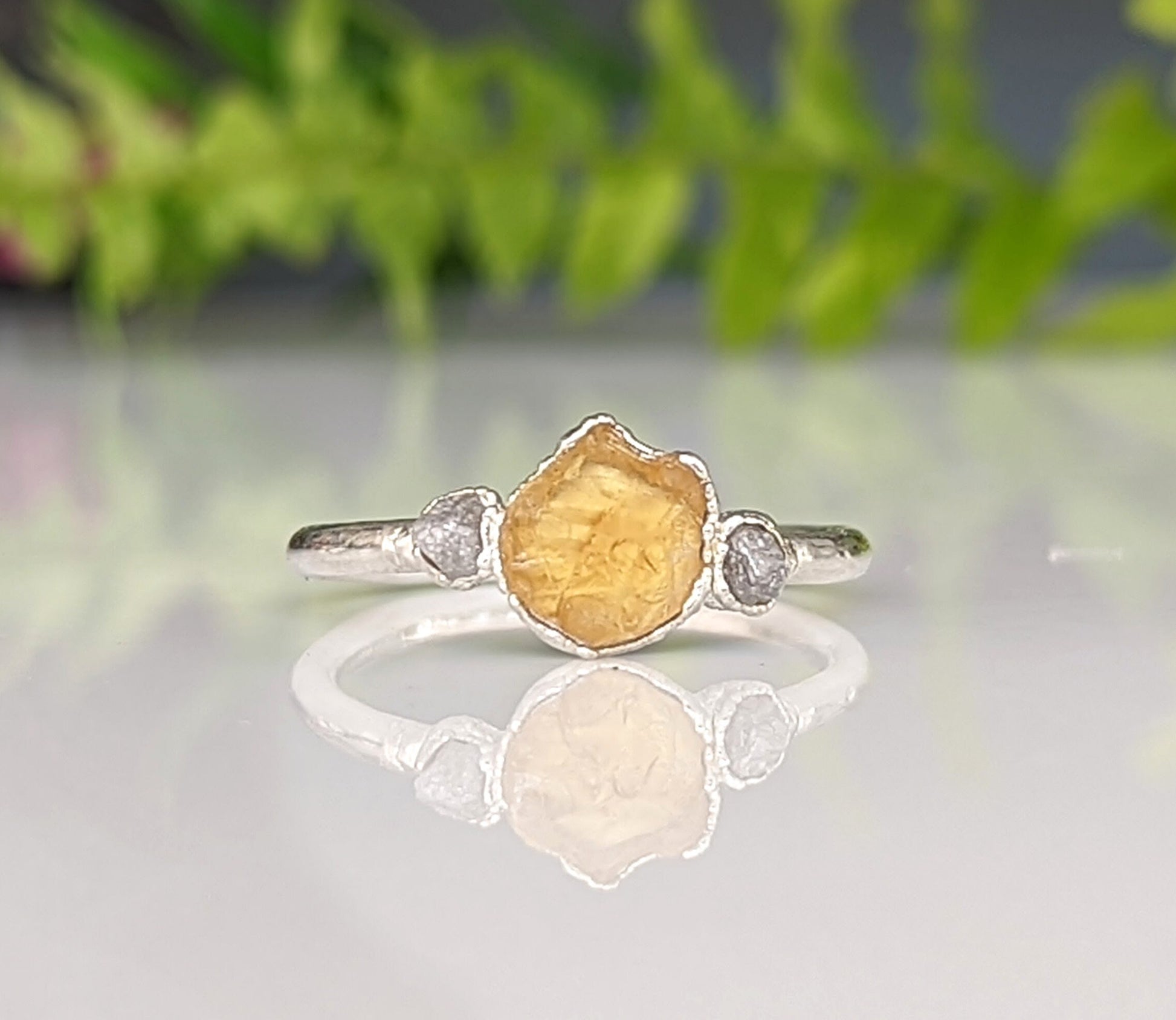 Handcrafted raw citrine and diamond ring showcasing unique rustic beauty, perfect for romantic gifts or November birthdays.
