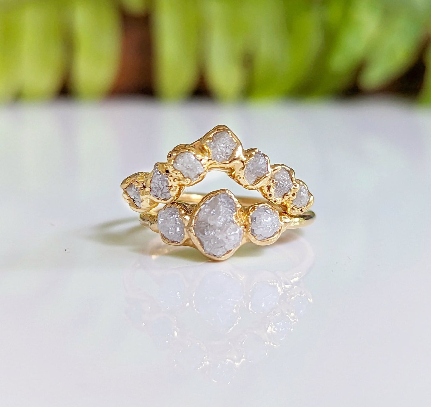 Unique raw diamond Chevron wedding band in gold with seven conflict-free diamonds, perfect for weddings and engagements.