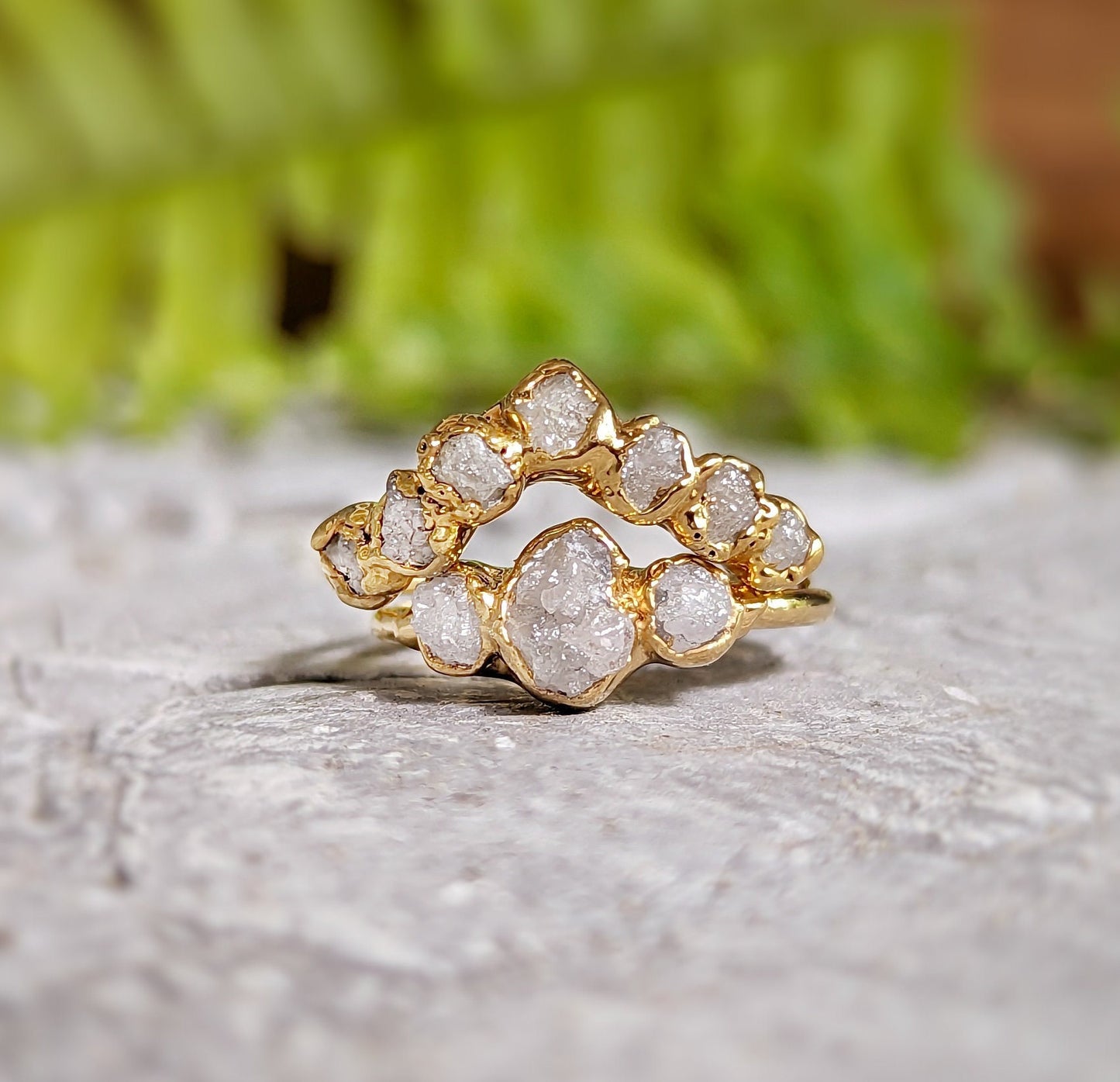 Raw diamond Chevron wedding band featuring 7 conflict-free diamonds set on a gold band for unique bridal jewelry.
