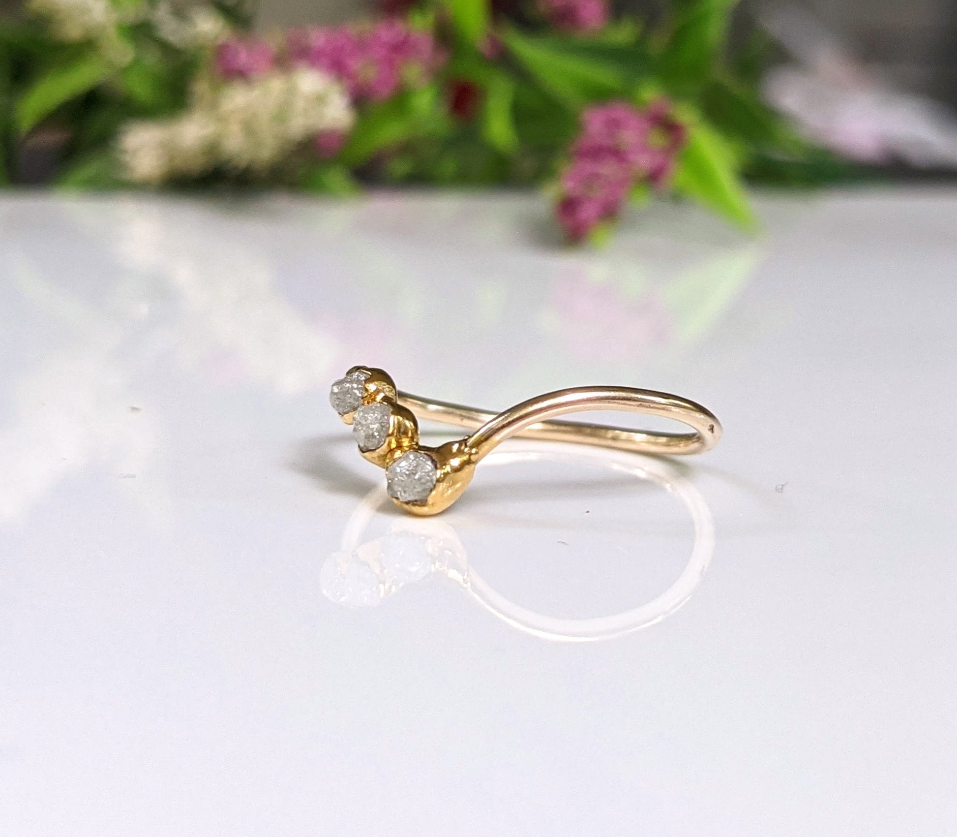 Raw diamond wedding ring set with 18k gold band, featuring unique handmade design and ethically sourced diamonds.