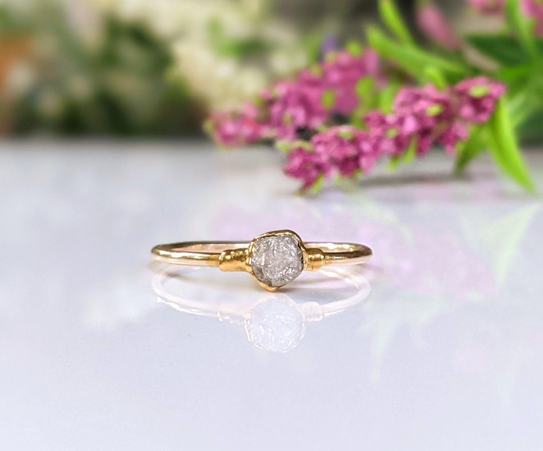 Raw diamond chevron wedding ring set with 18k gold band, handcrafted and ethically sourced.