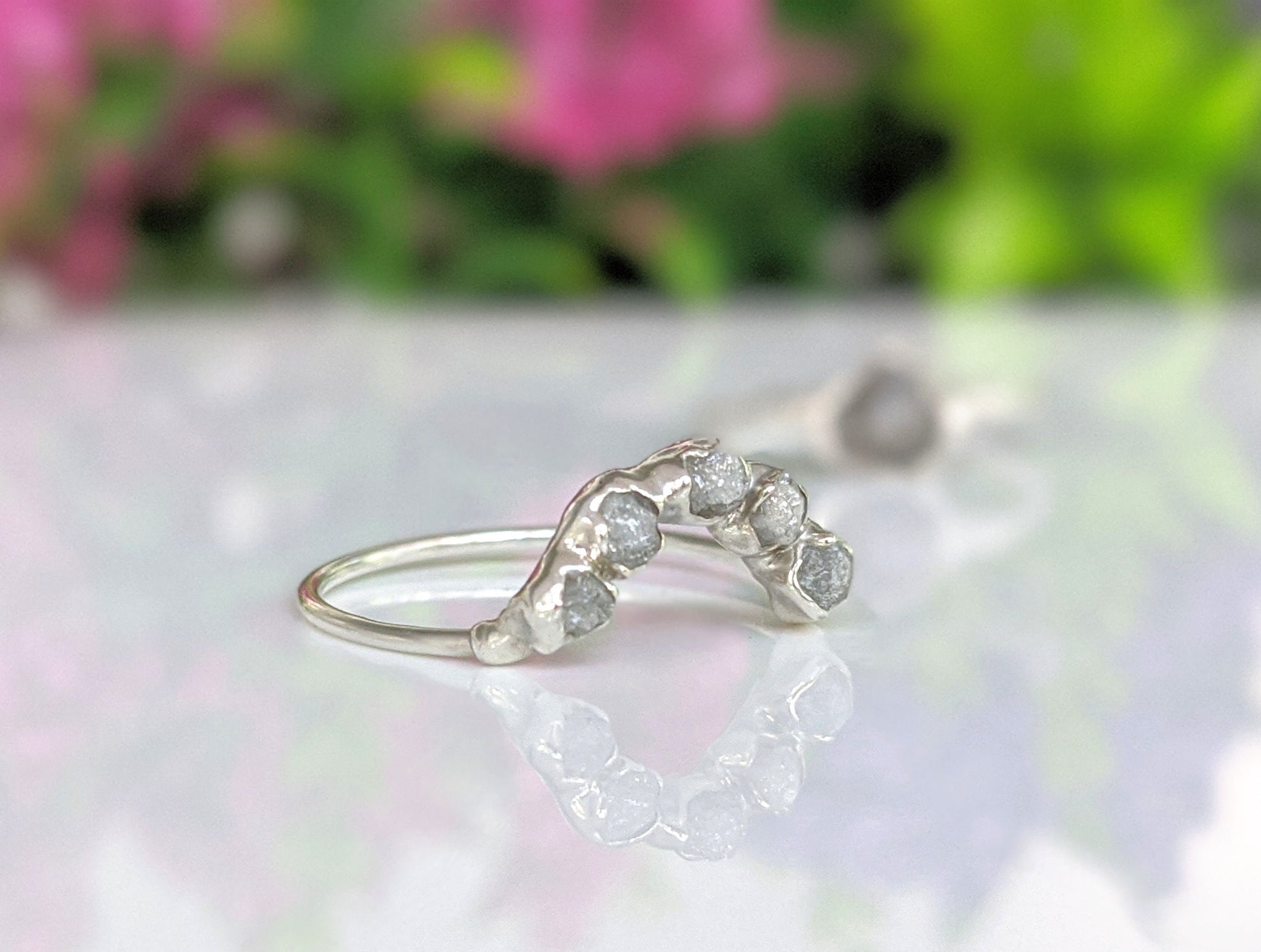 Raw diamond Chevron wedding ring set featuring ethically sourced silver-grey diamonds on a delicate sterling silver band.