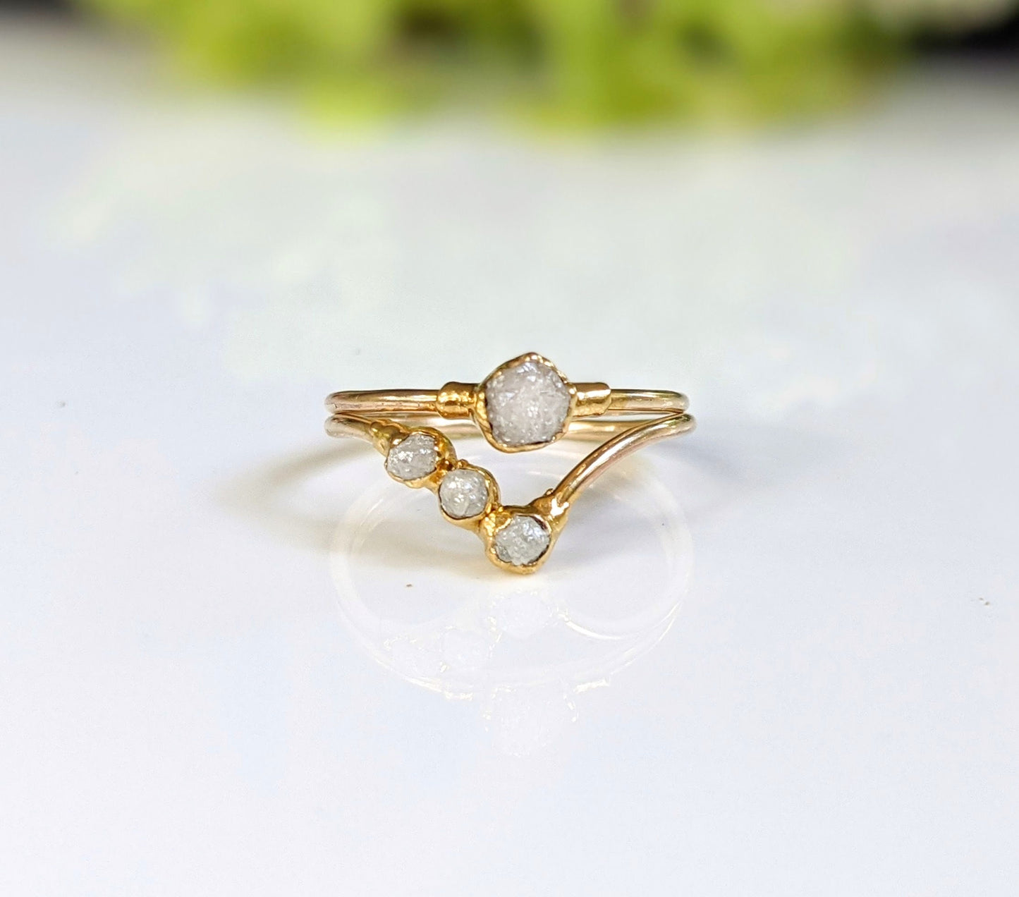 Handmade raw diamond chevron wedding ring set in 18k gold, showcasing unique uncut diamonds.