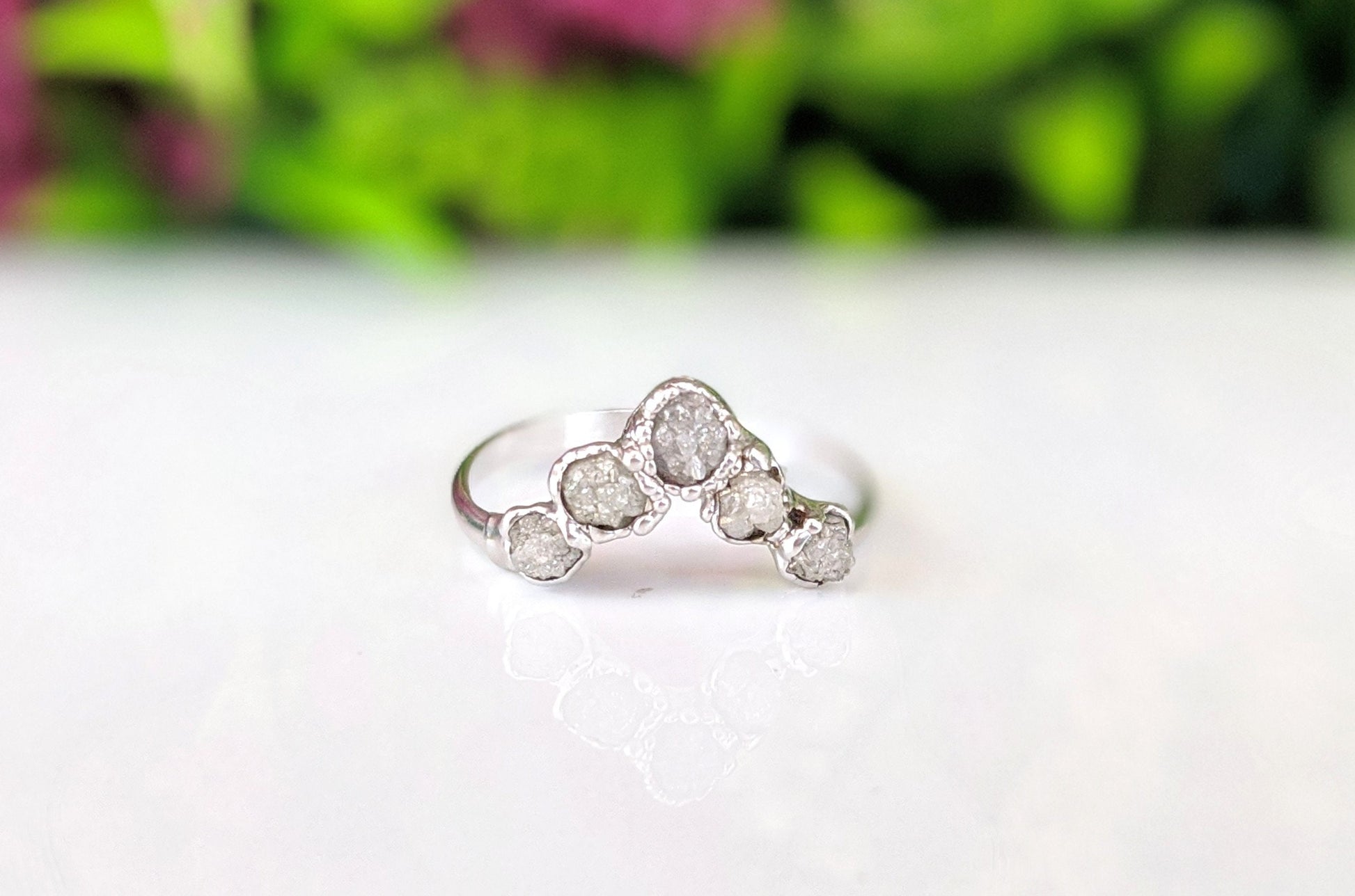 Ethically sourced raw diamond Chevron ring in silver, featuring five conflict-free diamonds, stunning engagement option.