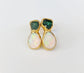 Dainty raw emerald and opal stud earrings, handcrafted in gold. Unique design for bridal or everyday wear.