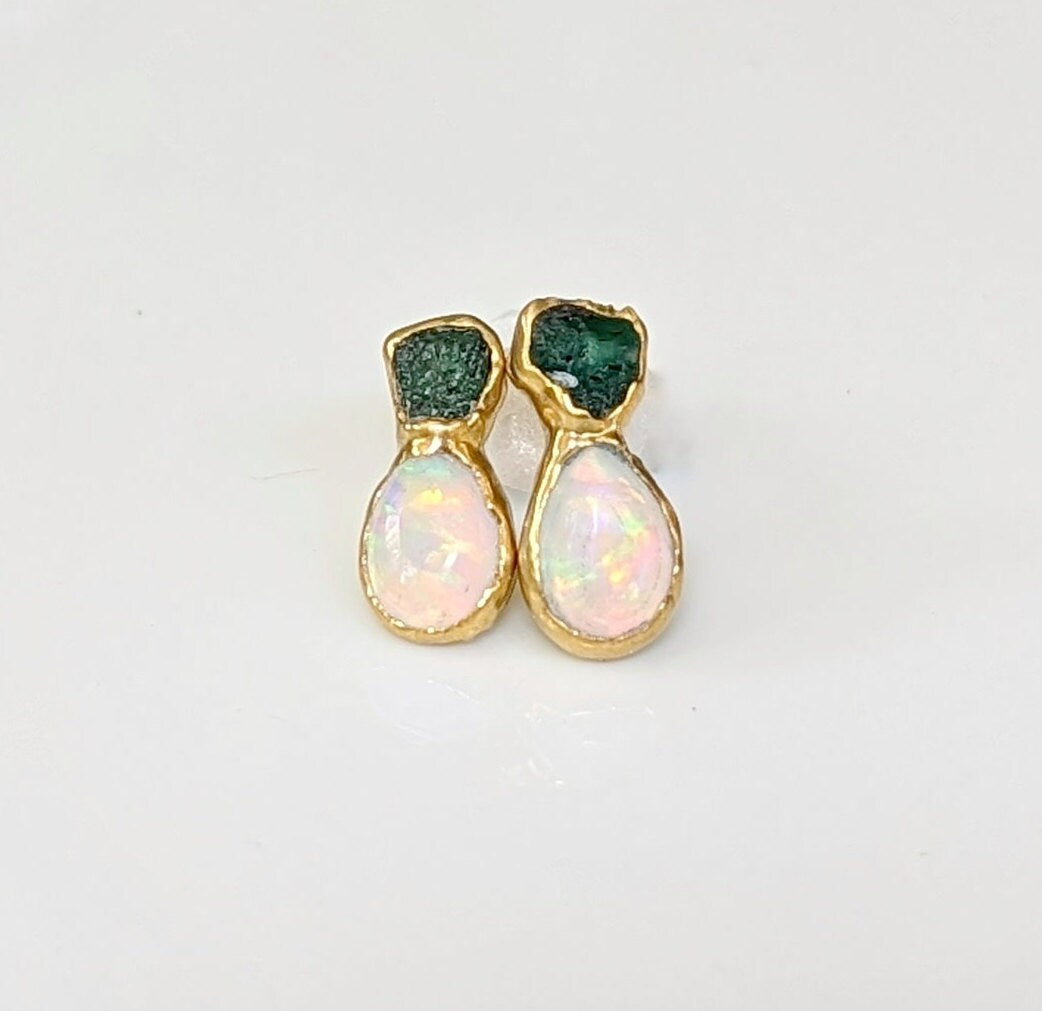Dainty raw Emerald and Opal stud earrings, handcrafted with a unique design, perfect for bridal or everyday wear.