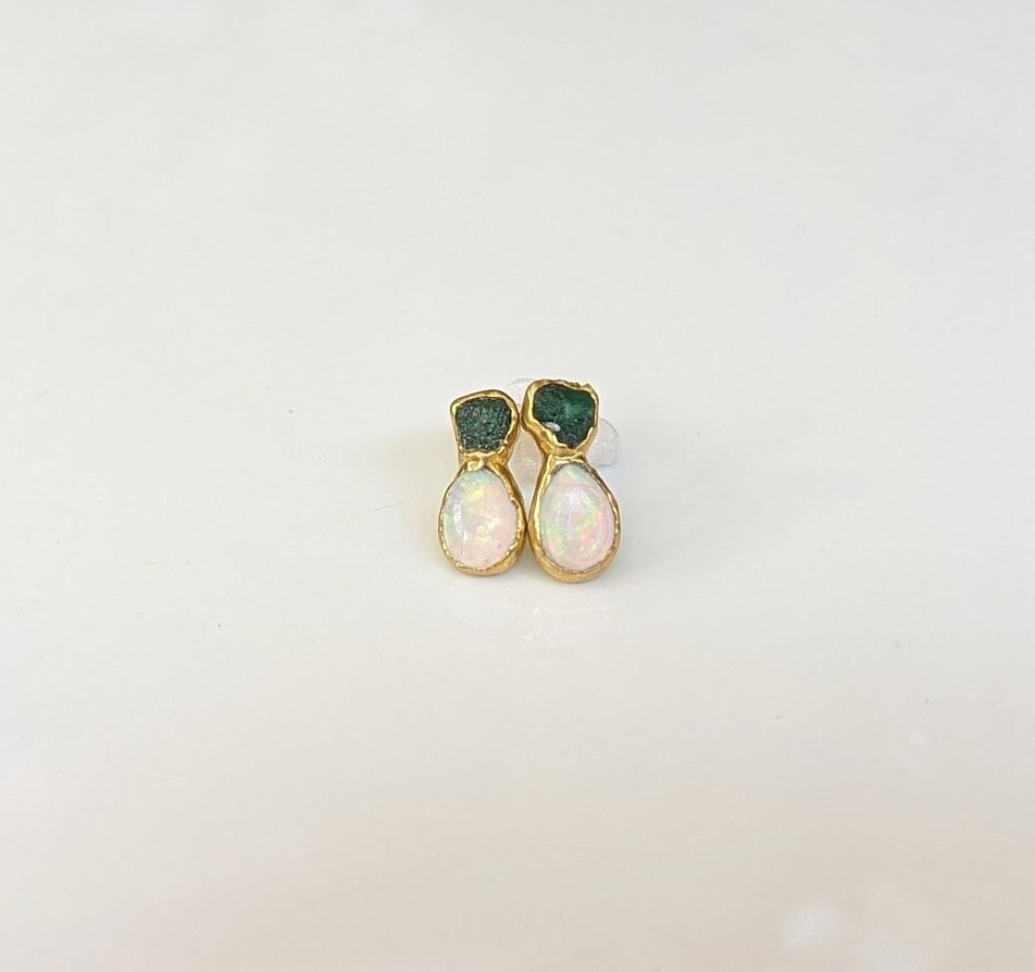Dainty raw emerald and opal stud earrings, handcrafted with gold, elegant and unique design for bridal or everyday wear.
