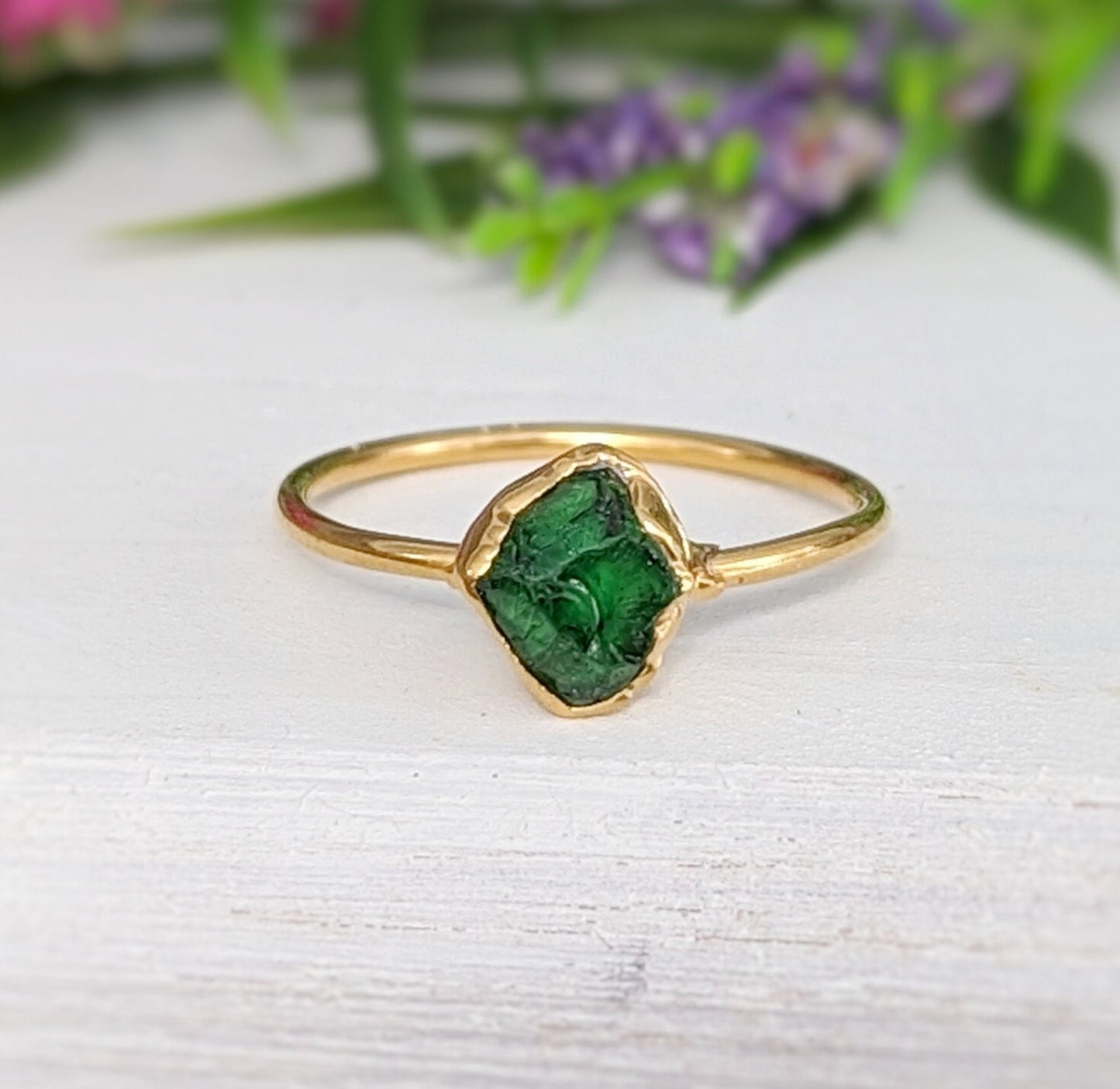Raw green Garnet ring in gold setting, showcasing natural uncut edges, perfect for gifts or everyday wear.