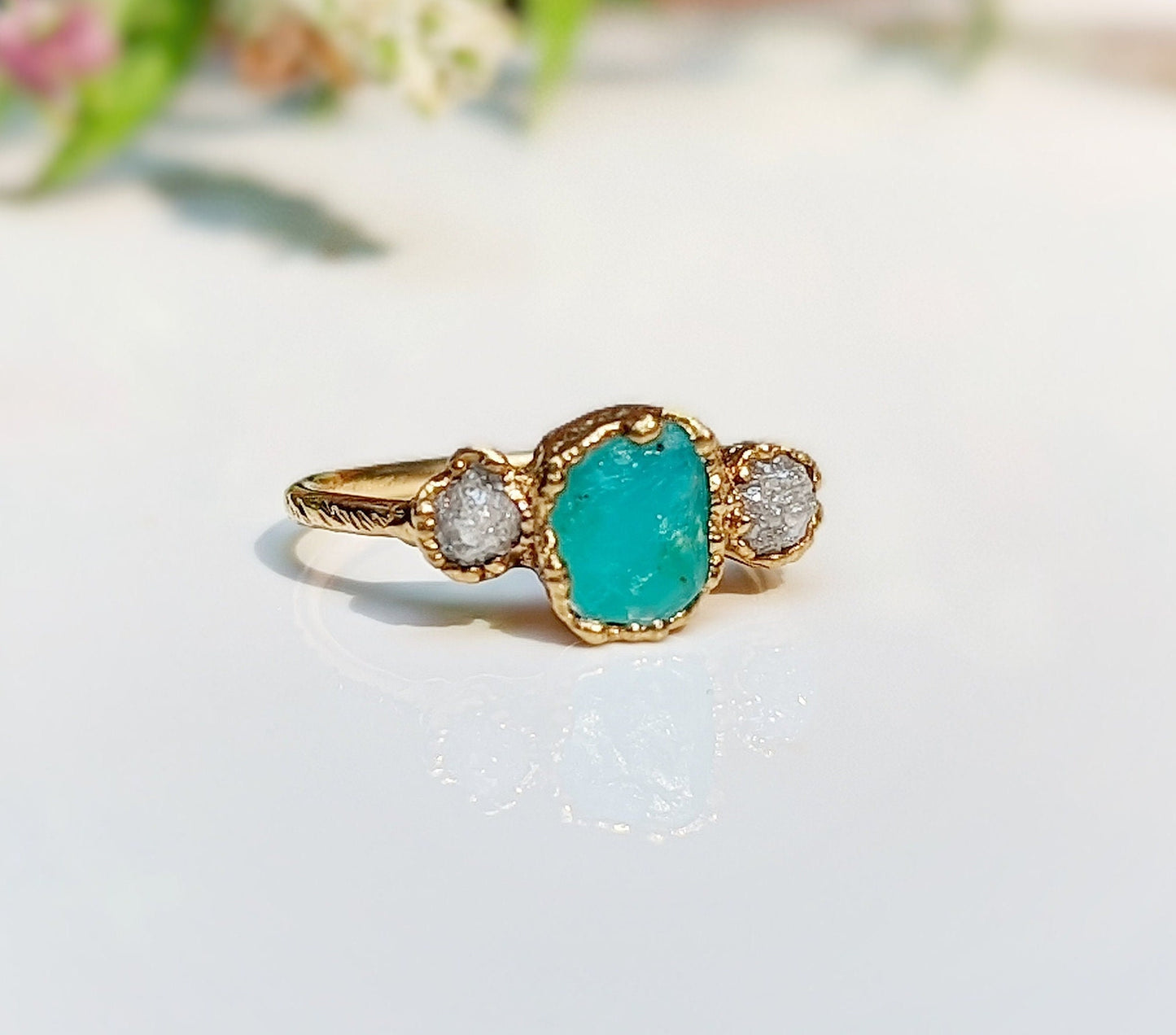 Raw Peruvian Opal and diamond ring in solid 14k gold, handcrafted engagement ring with unique design.