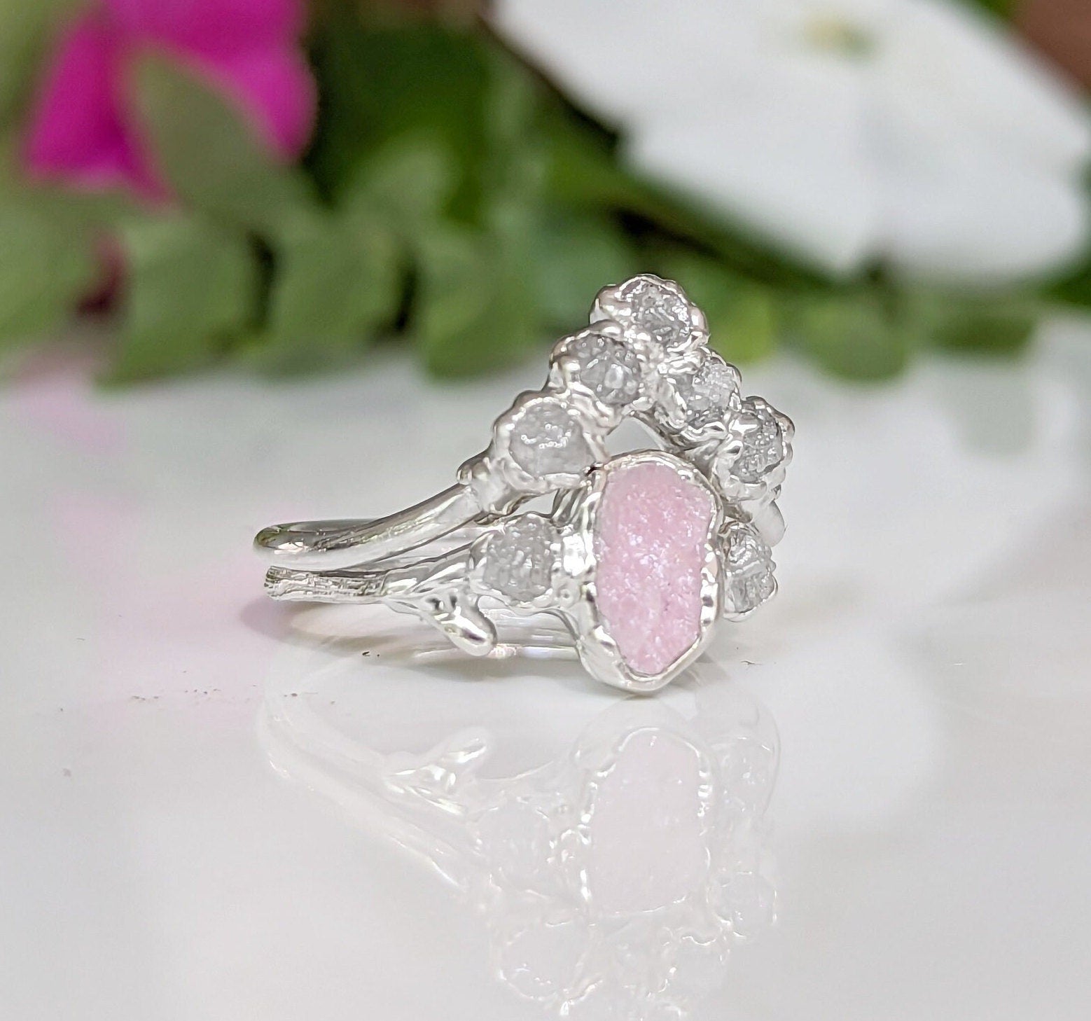 Raw pink Morganite and diamond wedding ring set on a shiny Sterling silver band, beautifully crafted and unique.