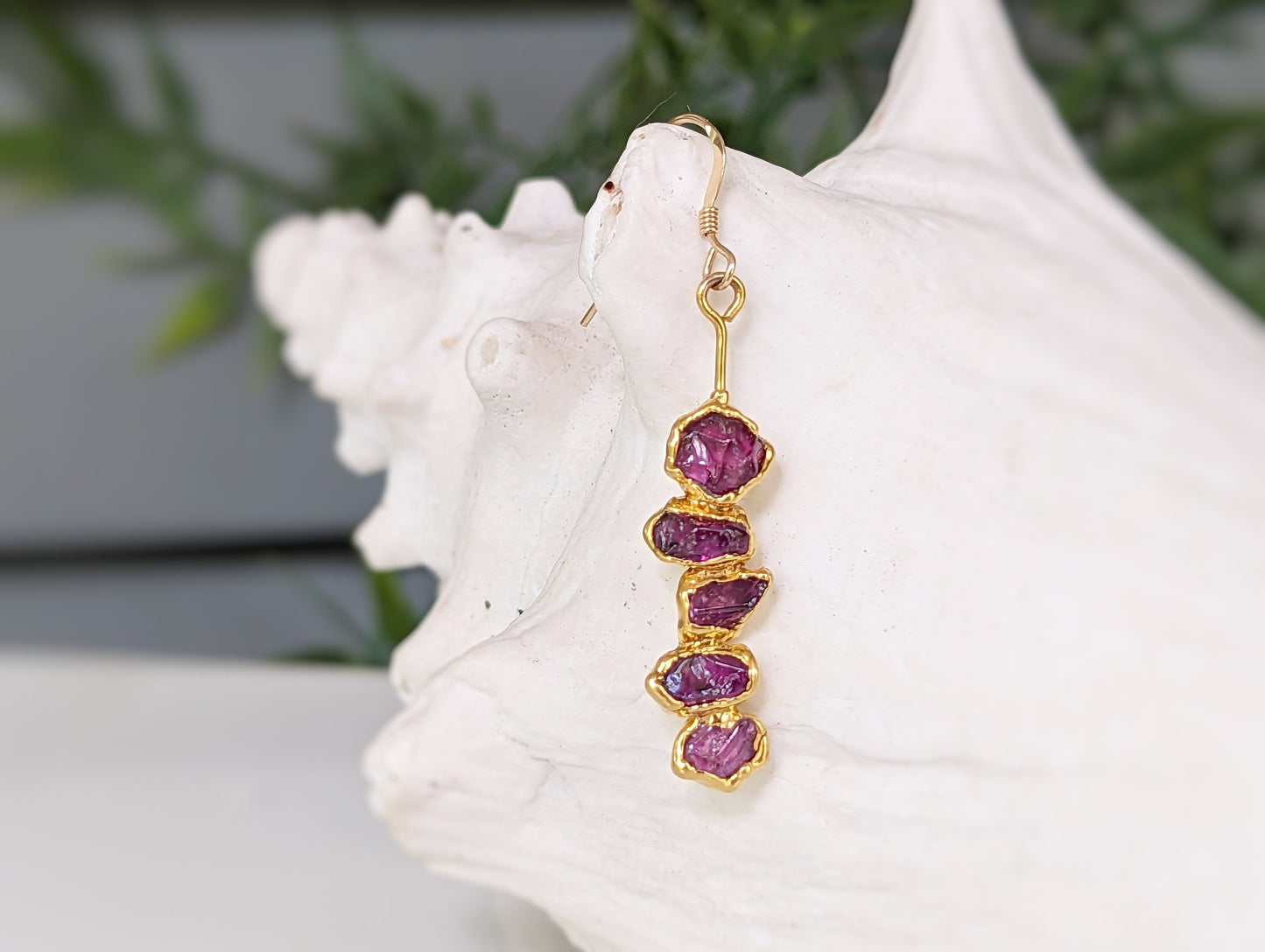 Rhodolite Garnet dangle earrings with raw raspberry pink stones, perfect for elegant occasions and special gifts.
