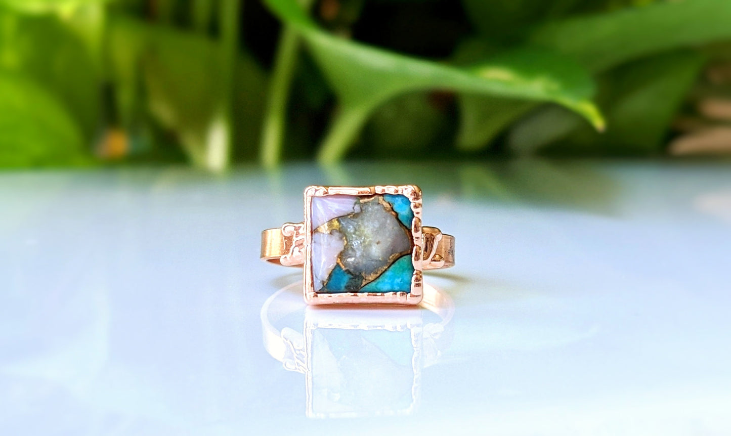 Handcrafted Spiny Oyster Copper Turquoise ring set on a 14k gold filled band, unique gemstone design.