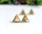 Spiny oyster copper turquoise triangular stud earrings on gold posts, elegant boho style jewelry.