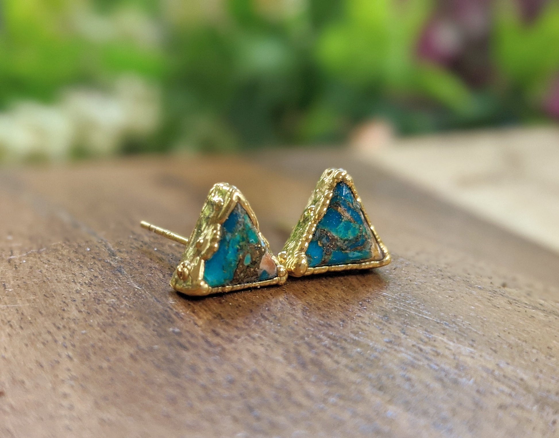 Triangular Spiny Oyster copper Turquoise stud earrings on 14k gold filled posts, beautifully handcrafted.