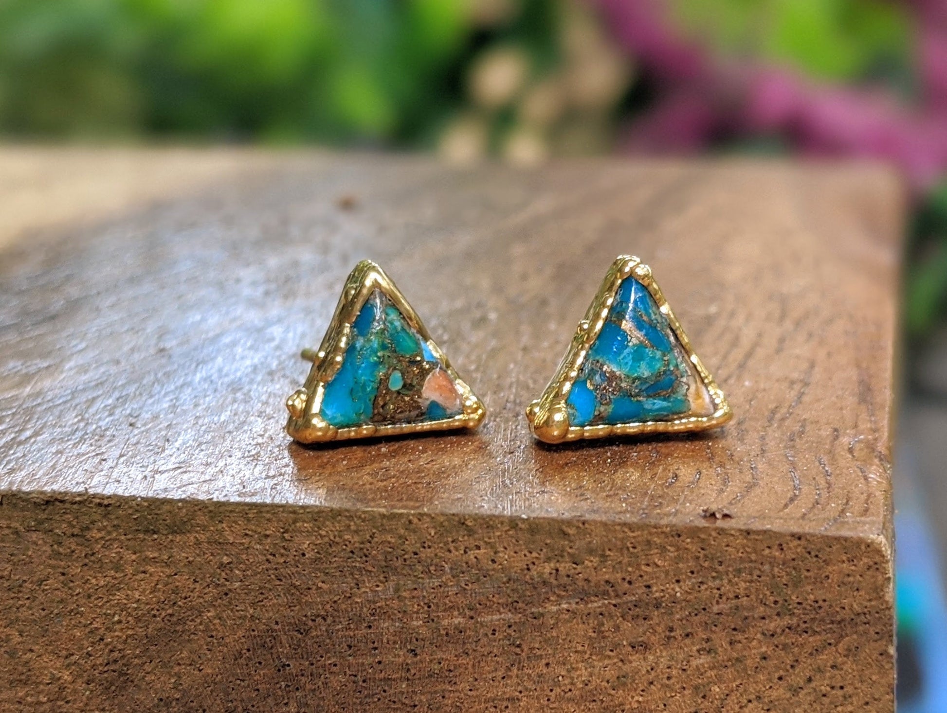Spiny oyster copper turquoise triangular stud earrings set on gold filled posts.