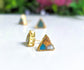 Triangular Spiny Oyster copper Turquoise stud earrings on gold posts, highlighting unique natural stones and elegant design.