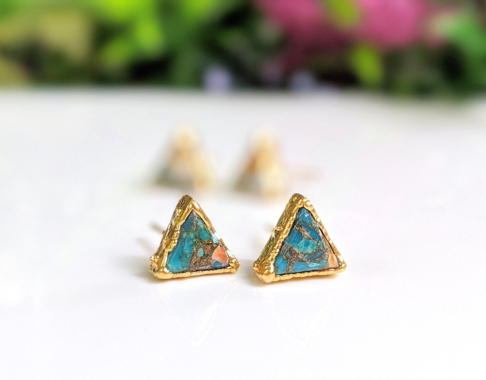 Triangular Spiny Oyster copper Turquoise stud earrings with 14k Gold filled posts, stylish and unique design.