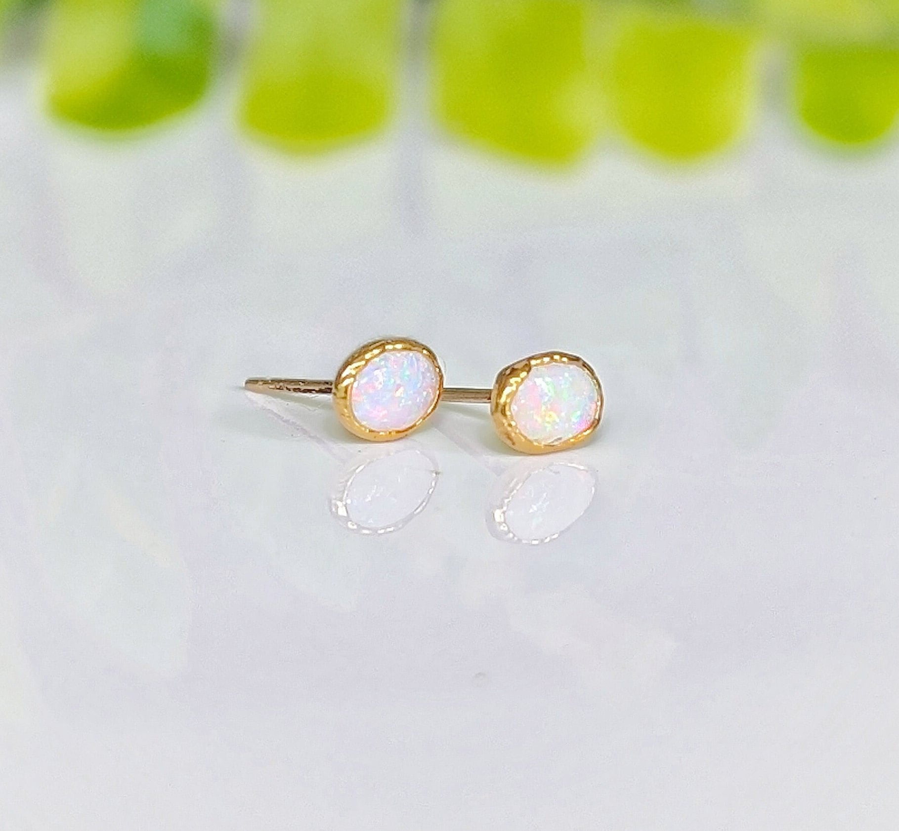 White Australian Opal stud earrings on 14k Gold filled posts, elegant bridal jewelry for October birthdays.