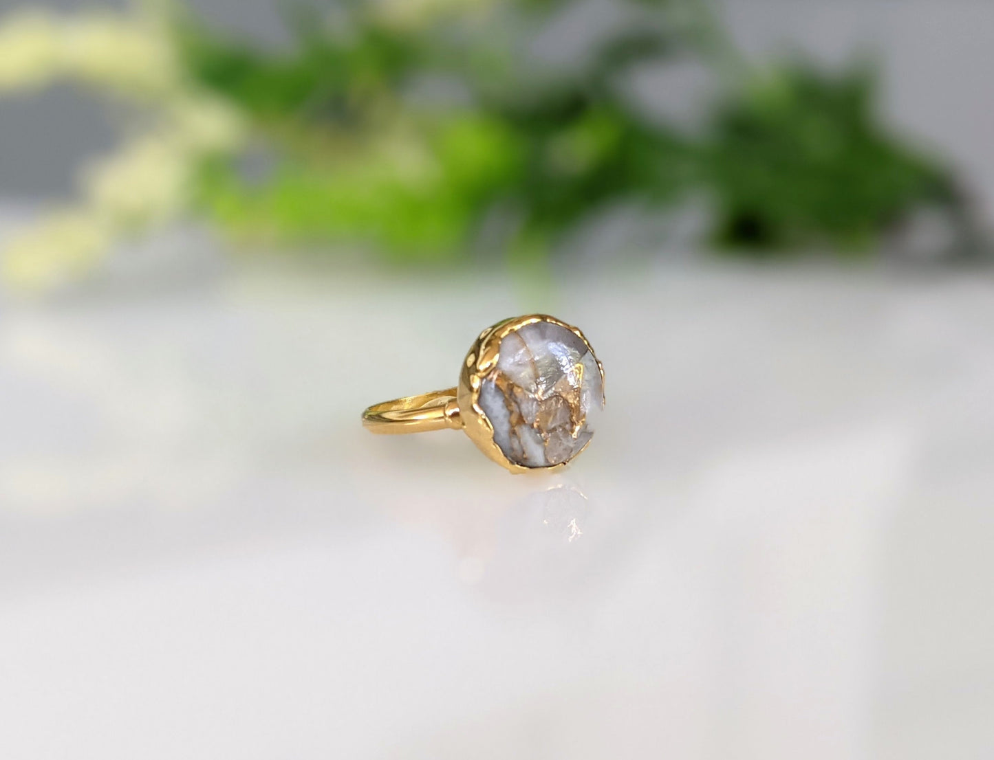 White crystal copper ring on 14k gold filled band, 18k gold plated, 12mm round White Calcite stone.